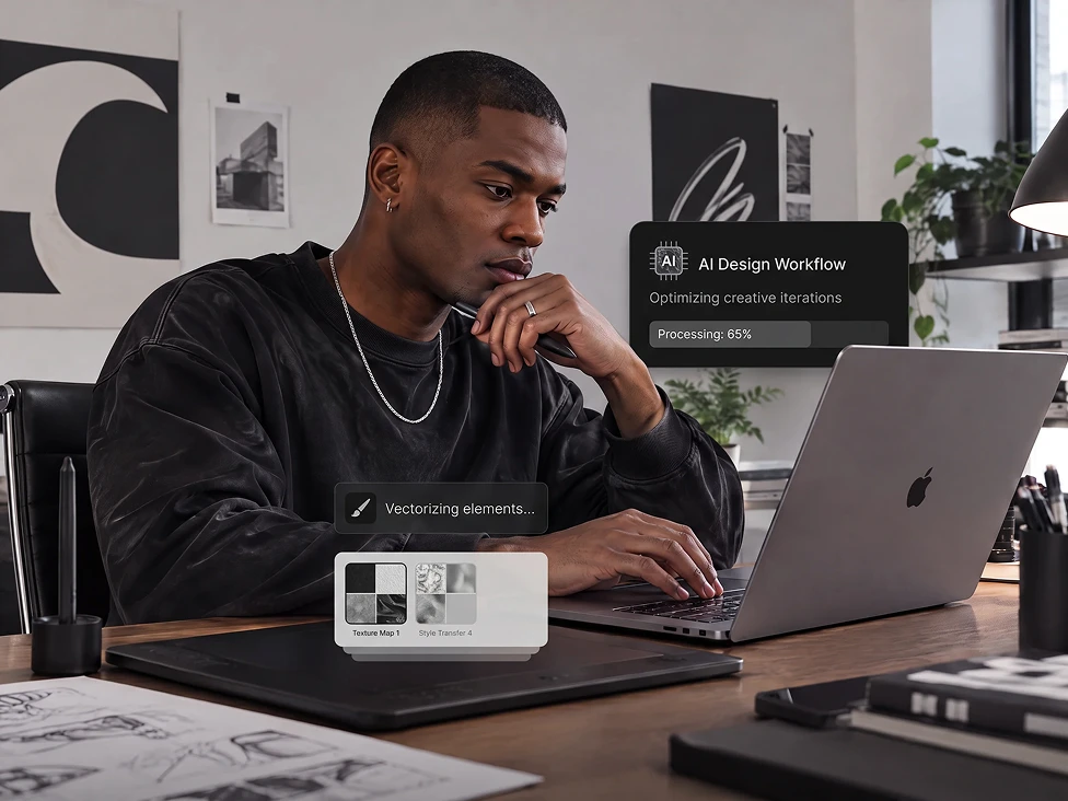 Designer, der bruger AI til at accelerere en konceptuel kunstworkflow