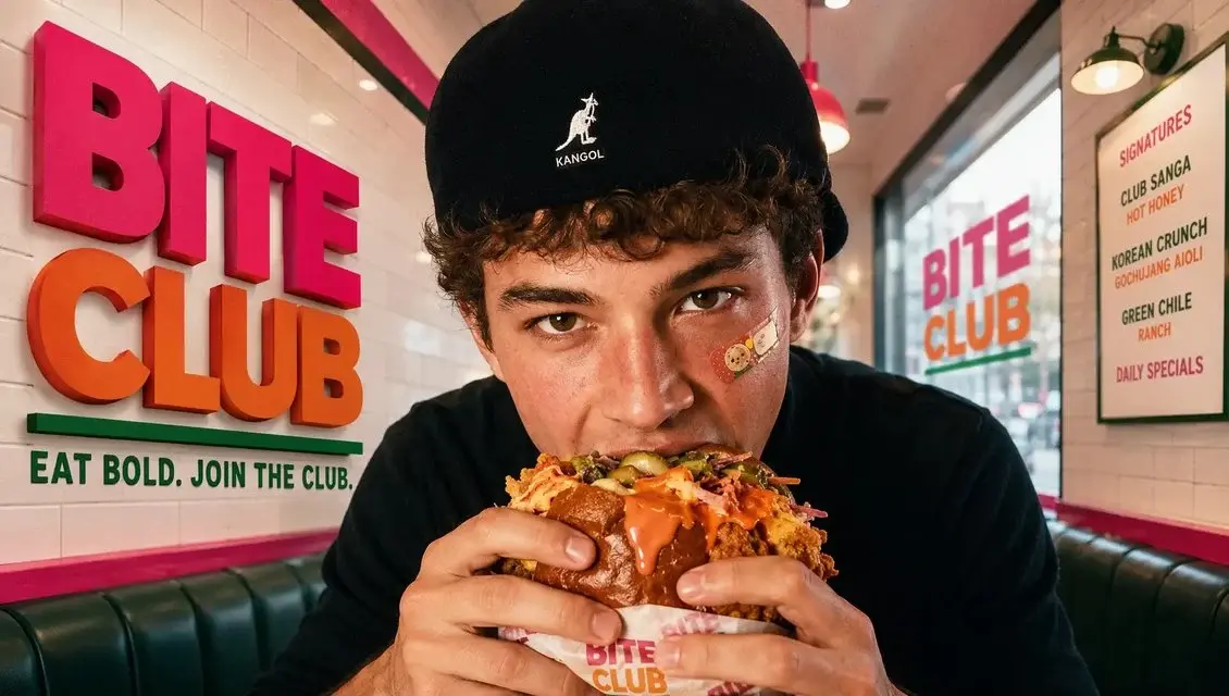 BITE CLUB 的一张醒目缩略图，展示了一位主持人正在餐厅包厢里品尝招牌菜。