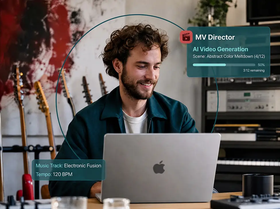 A musician directing an AI-generated music video from a studio