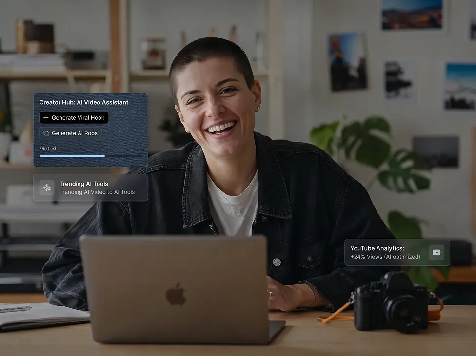 A social creator using an AI video assistant beside a camera