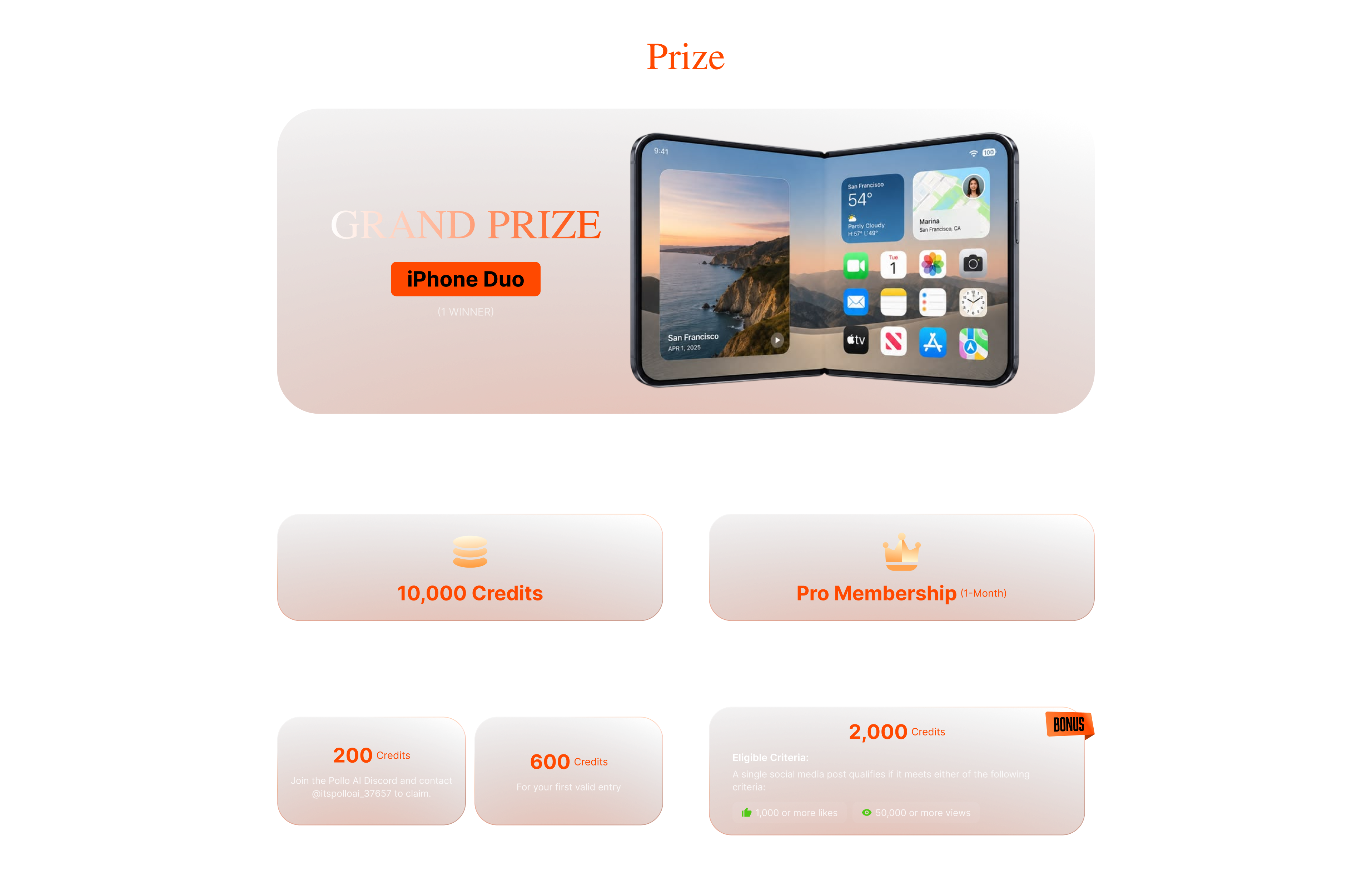 Grand Prize iPhone Duo, featured prizes, credits, and membership rewards