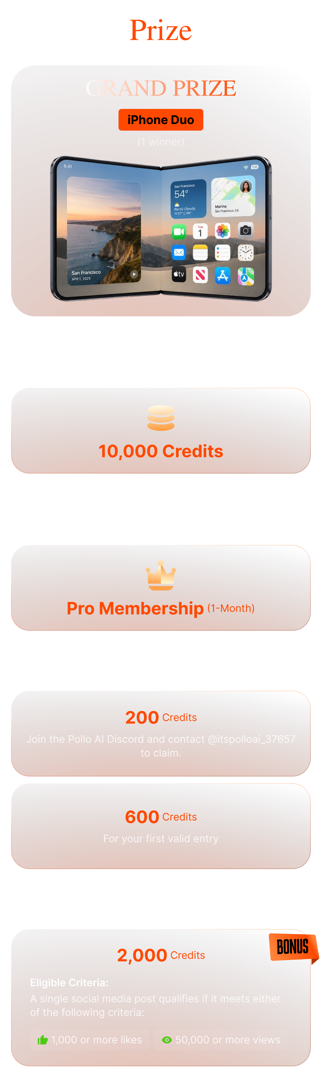 Grand Prize iPhone Duo, featured prizes, credits, and membership rewards